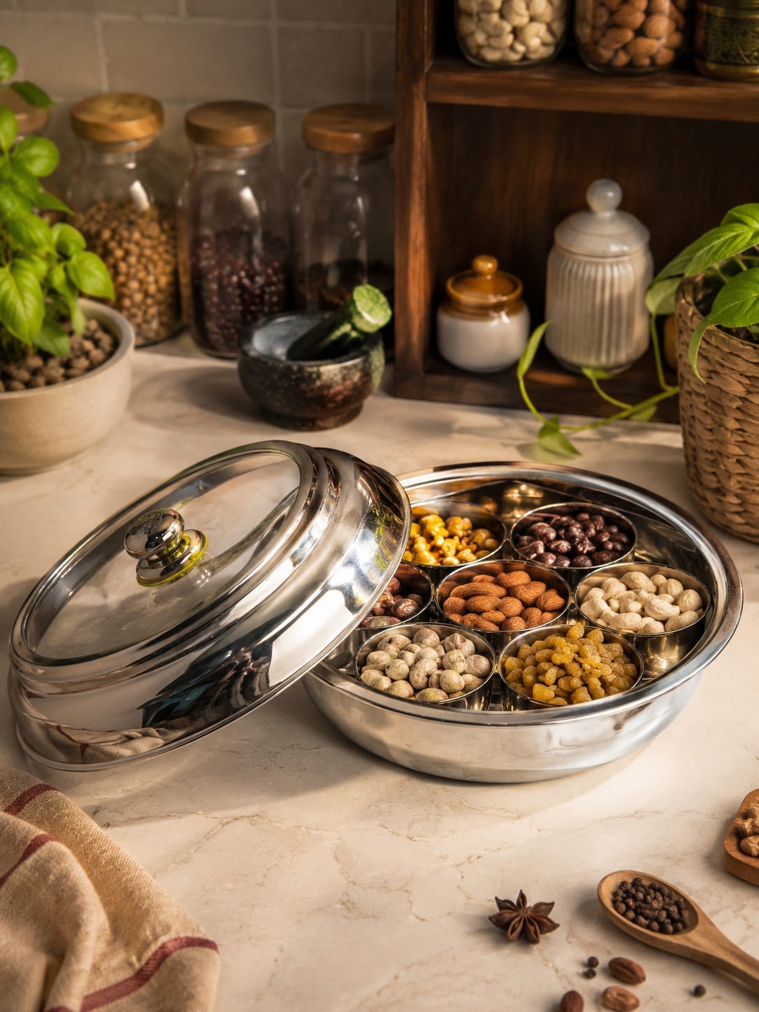 This stainless steel spice box features a clear lid and multiple compartments for organized storage.