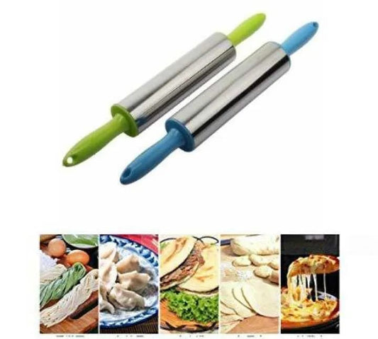 stainless steel rolling pin with colored plastic handles