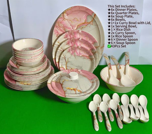 Dinner Set Melamine Double Glaze High Quality Dinner Sets 43 Pieces Pink Beautiful Marble Print Design