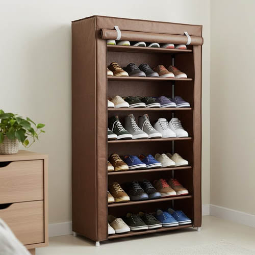 multipurpose portable shoe rack fabric cover with a roll-up zipper door for dust protection