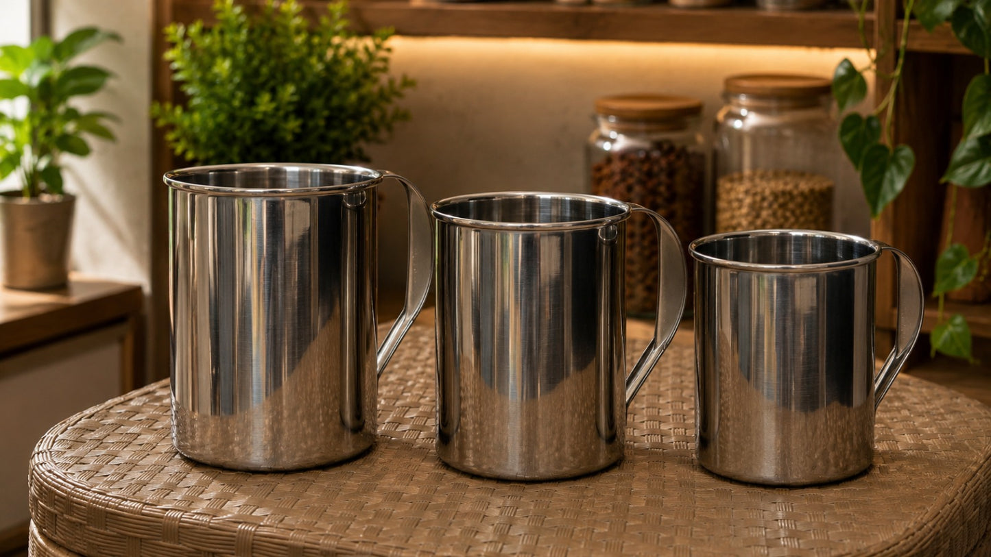 stainless steel mug with a handle.