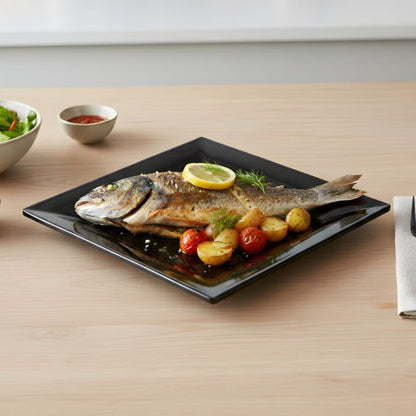 This is a black square serving tray made from durable melamine.
