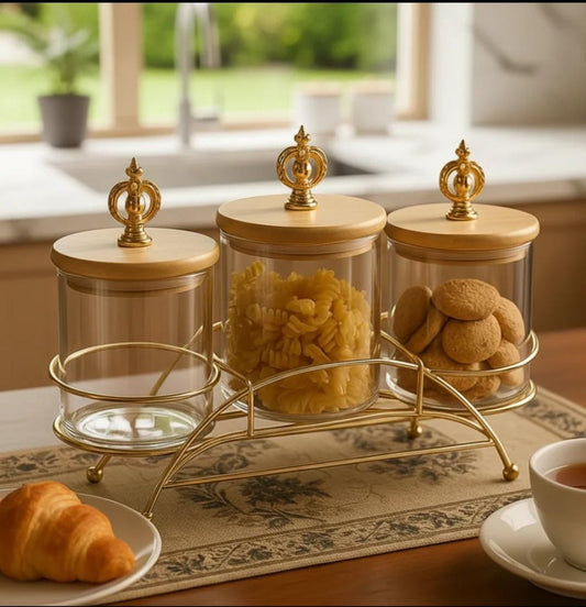 3pcs Jar set glass and metal stand