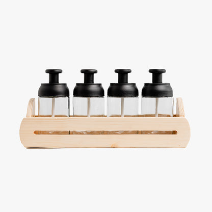 4 in 1 Wooden Base Glass Spice Jar Set Heavy with spoon attached with lid