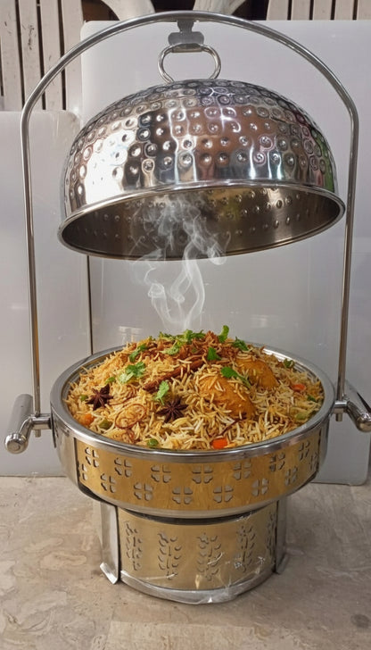 Stainless steel chefing dish golden heavy unique hammered in pakistan wholesale karachi hshome.pk