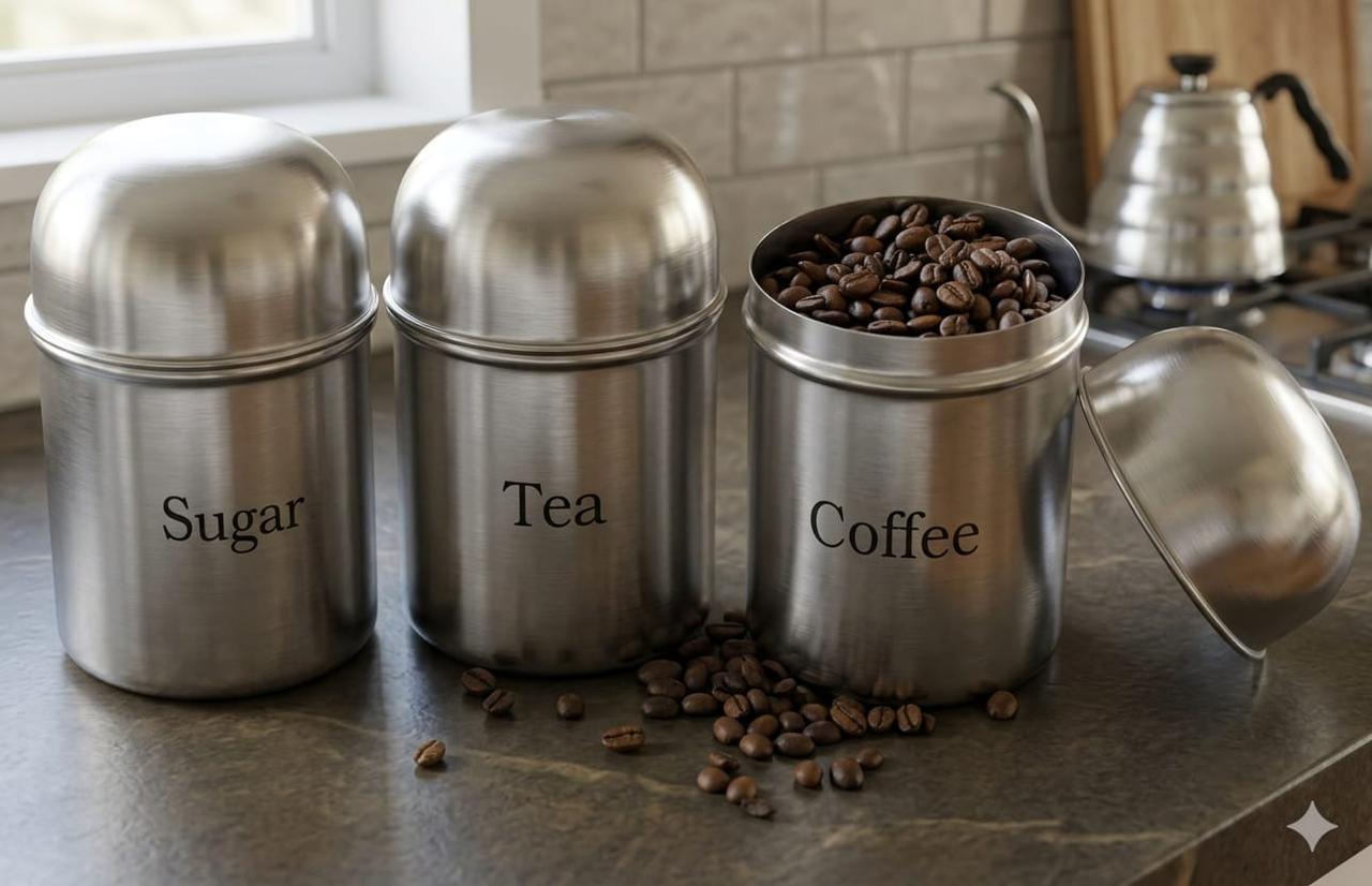 stainless steel matte finish tea, coffee, and sugar storage canisters.