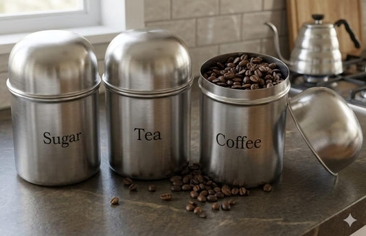 stainless steel matte finish tea, coffee, and sugar storage canisters.