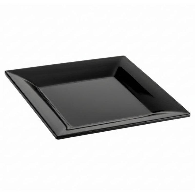 This is a black square serving tray made from durable melamine.