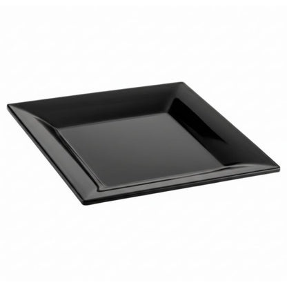 This is a black square serving tray made from durable melamine.