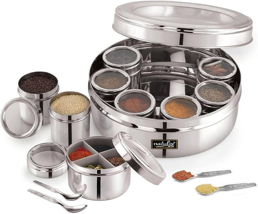 stainless steel beautiful steel spice box imported heavy indian hotel supply homeware household beautiful premium luxury serving dishes milk oil ghee storage container can dispenser heavy quality wholesale hshome.pk karachi pakistan punjab islamabad lahore peshawar hyderabad faisalabad wedding shadi package