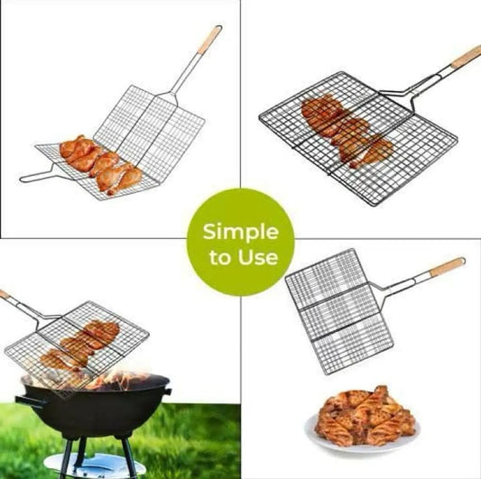 BBQ Barbecue Grill Basket Premium Stainless Steel Wooden Handle Wire Net For outdoor Cooking