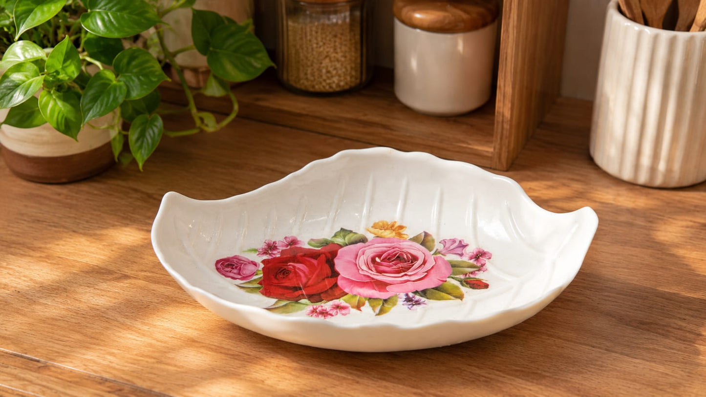 white Malamine  leaf-shaped dish vintage-style red and pink rose floral pattern