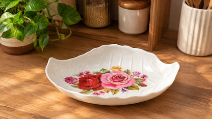 white Malamine  leaf-shaped dish vintage-style red and pink rose floral pattern