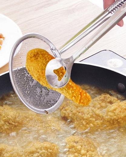filter spoon with a tong clip to safely pick up and drain fried foods.