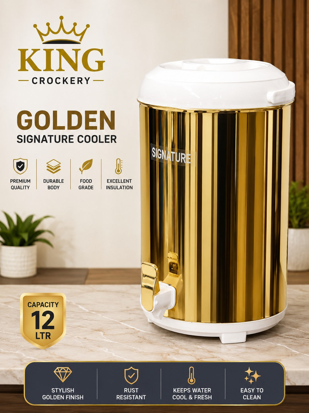 Signature Cooler features a premium, rust-resistant stainless steel body with a stylish golden finish. 12L