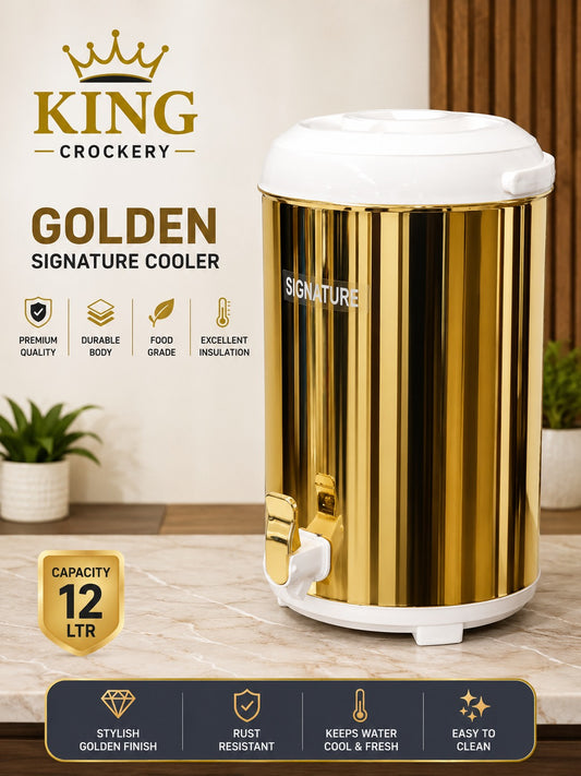 Signature Cooler features a premium, rust-resistant stainless steel body with a stylish golden finish. 12L