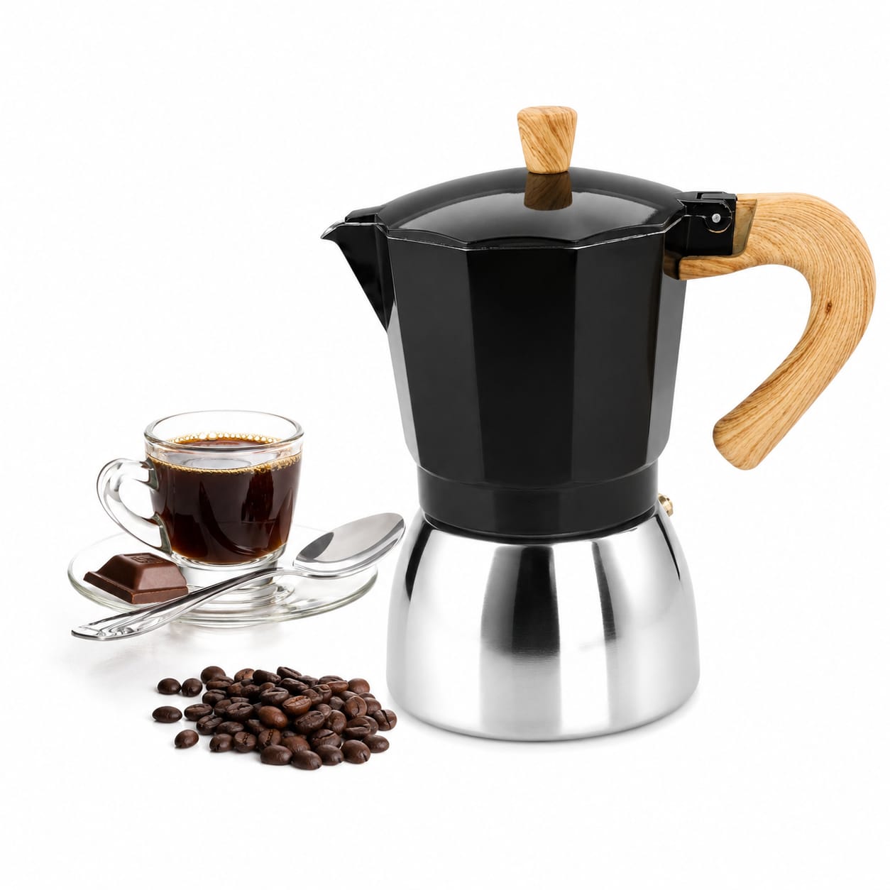 Black steel moka pot.