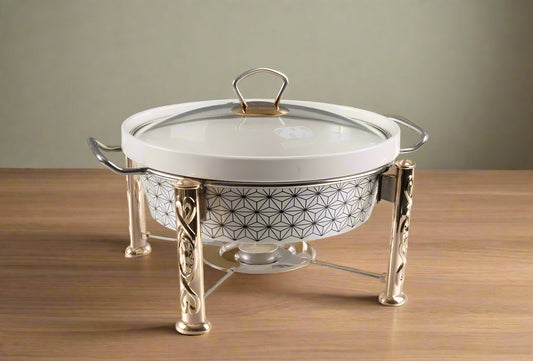Ceramic Bowl Buffet Donga Chafing Dish with Glass Lid & Candle Warmer | Gold Leg Food Warmer for Wedding & Dawat | Price in Pakistan