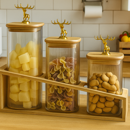 Luxury Glass Storage Jar Set with Golden Deer Lid & Bamboo Stand