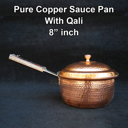 Copper Sauce Pan with Lid | 8 Inch dia size | With Qali | For Cooking | Large Size | Hammered Design