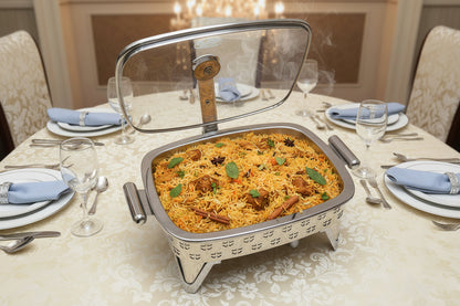 Double bowl chafing dish with water bath and glass lid