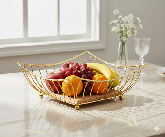 Golden Wire Fruit Basket With Wooden Base