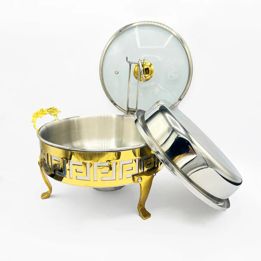 Golden Greek Key Chafing Dish with Glass Lid & Lid Holder | Round Stainless Steel Food Warmer for Wedding & Buffet | Price in Pakistan