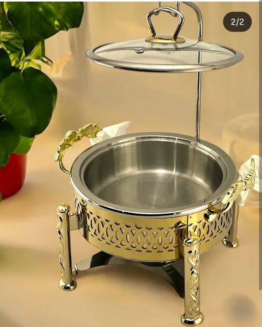 "Golden round chafing dish with glass lid and stand"