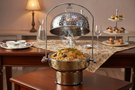 Hammered Dome Lid Chafing Dish with Hanging Lid Stand | Golden Cut-Out Buffet Food Warmer for Wedding & Biryani | Price in Pakistan