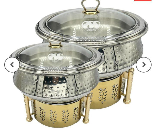 Hammered Steel Chafing Dish with Glass Lid & Golden Stand | Handi Food Warmer for Wedding & Buffet | Price in Pakistan