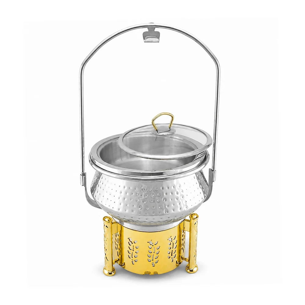 Hammered chafing dish with arched carry handle and glass lid