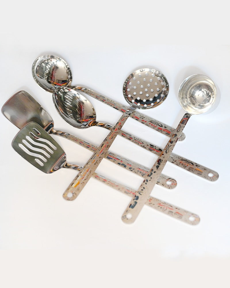 Stainless steel Laser Print kitchen spoon set with stand heavy material