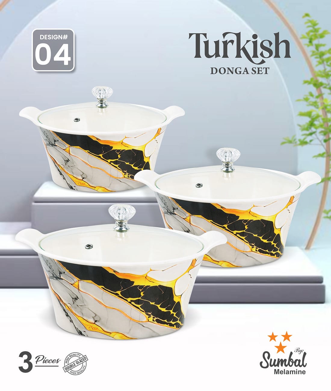 Melamine double glazed donga set serving with glass lid turkish design best quality wholesale melamine dinner set in Pakistan