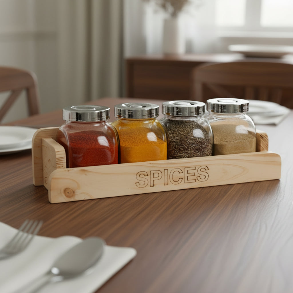 Hshome.pm Spice Jar set wooden base glass jars 4 unique 