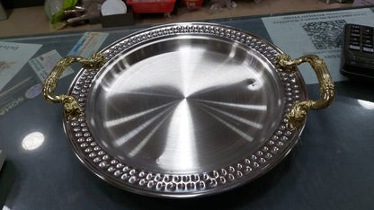 Bbq platter Tray hammered stainless steel beautiful with golden handles