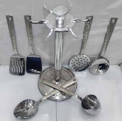 Stainless steel Laser Print kitchen spoon set with stand heavy material