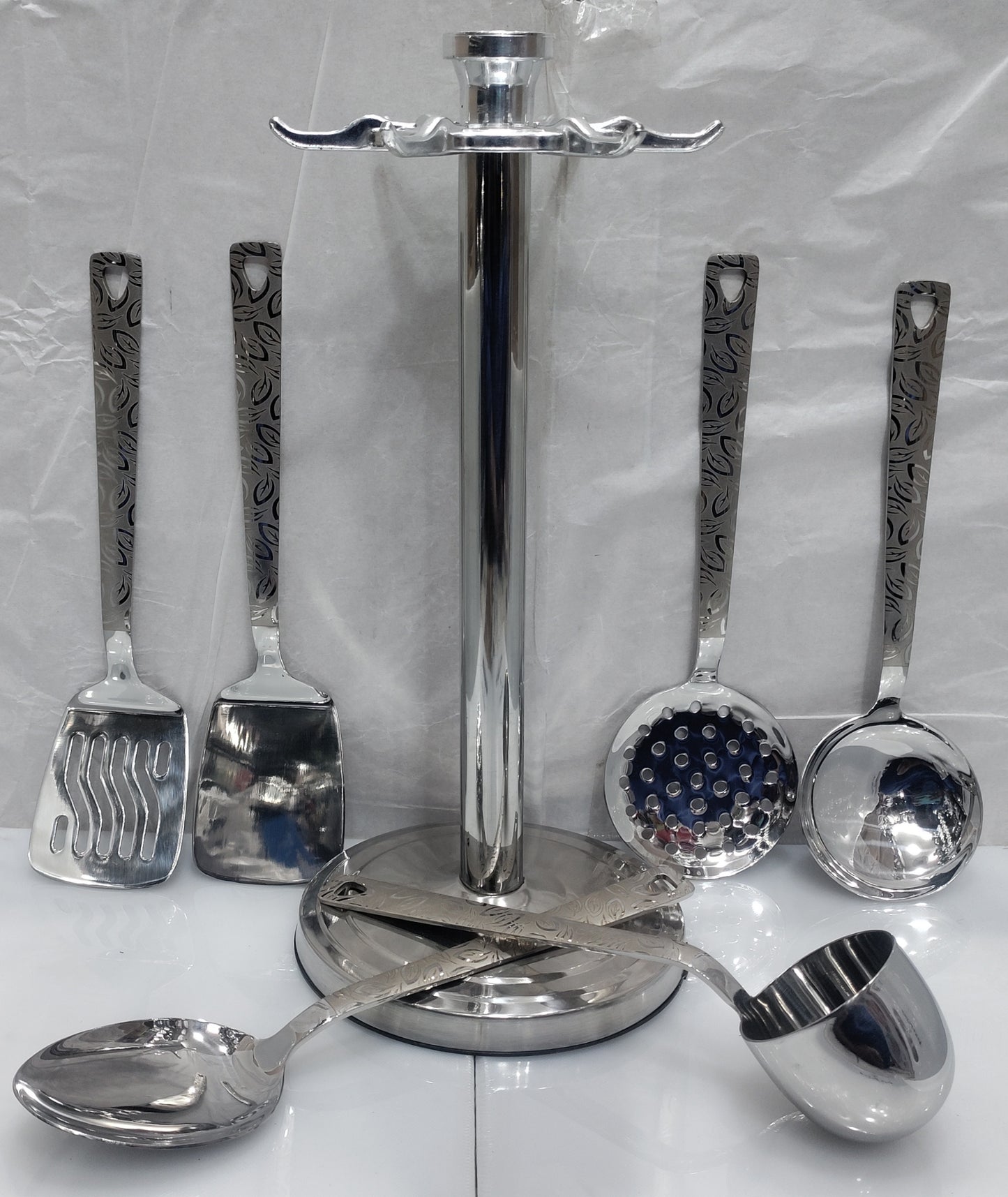 Stainless steel Laser Print kitchen spoon set with stand heavy material