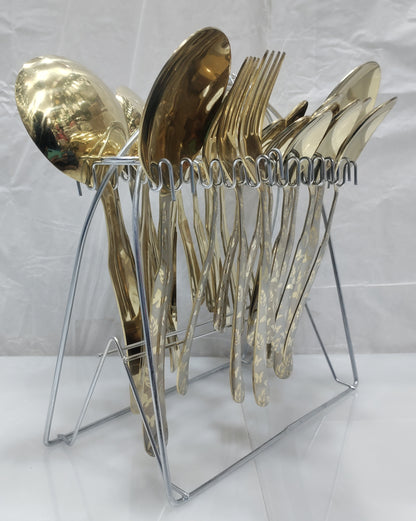 گولڈن سٹینلیس سٹیل لیزر پرنٹ شدہ کٹلری سیٹ 29pcs