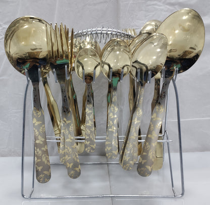 گولڈن سٹینلیس سٹیل لیزر پرنٹ شدہ کٹلری سیٹ 29pcs