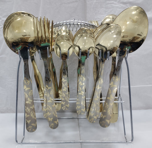 گولڈن سٹینلیس سٹیل لیزر پرنٹ شدہ کٹلری سیٹ 29pcs