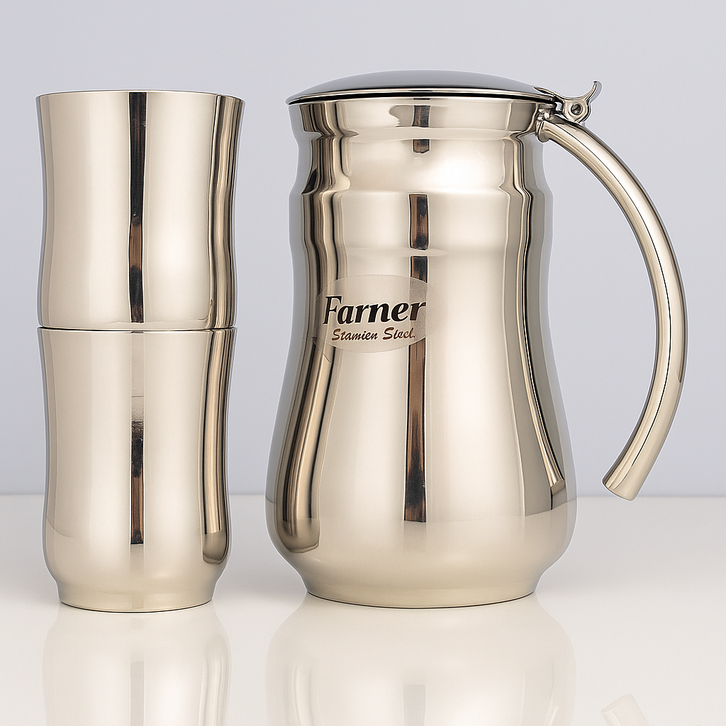7 Pcs Stainless Steel Water Set, 6 Glass(300ml) And 1 Jug(1500ml)