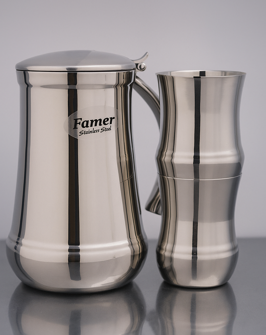 7 Pcs Stainless Steel Water Set, 6 Glass(300ml) And 1 Jug(1500ml)