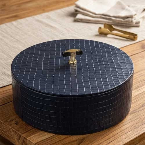 Leather finish roti box with gold handle