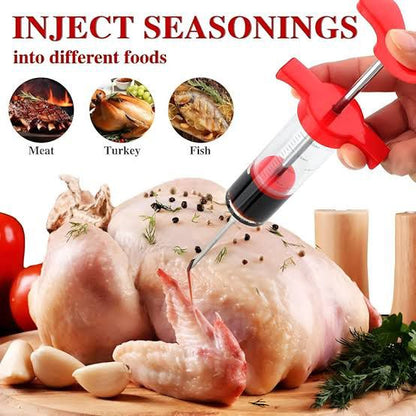 Meat injector syringe with marinade seasoning