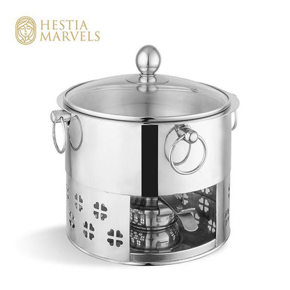 Stainless steel serving dish with burner