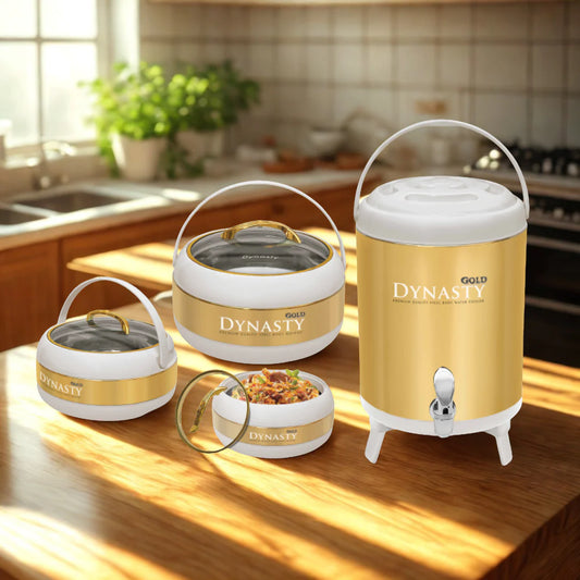 Dynasty Premium White & Gold Hotpot Food warmer and Water Cooler Set 4-Pcs
