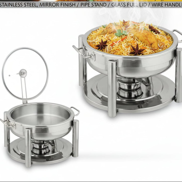 Pearl Stainless Steel Chafing Dish, Mirror Finish with Full Glass Lid & Pipe Stand | Round Buffet Food Warmer | Price in Pakistan