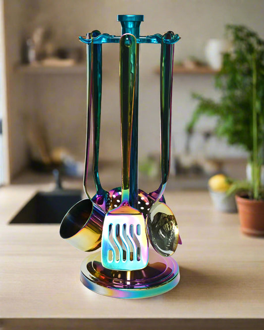 Rainbow iridescent stainless steel kitchen utensil set with stand