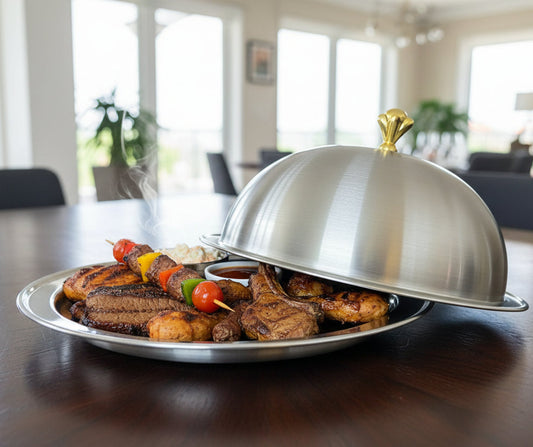 Round steel serving tray with domed cover