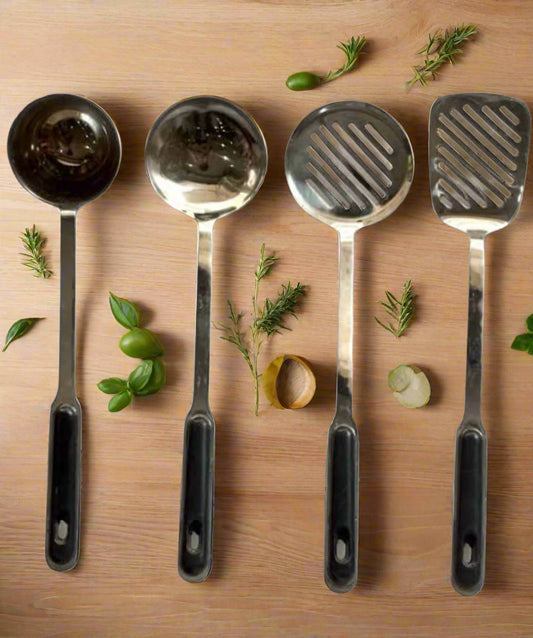 kitchen cooking spoon set stainless steel black handle cutlery service cup